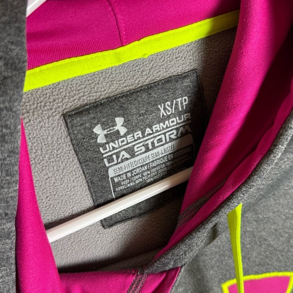 Under Armour UA Storm Hoodie Womens XS Gray Pink Neon Yellow Pullover Sweatshirt - Picture 3 of 3